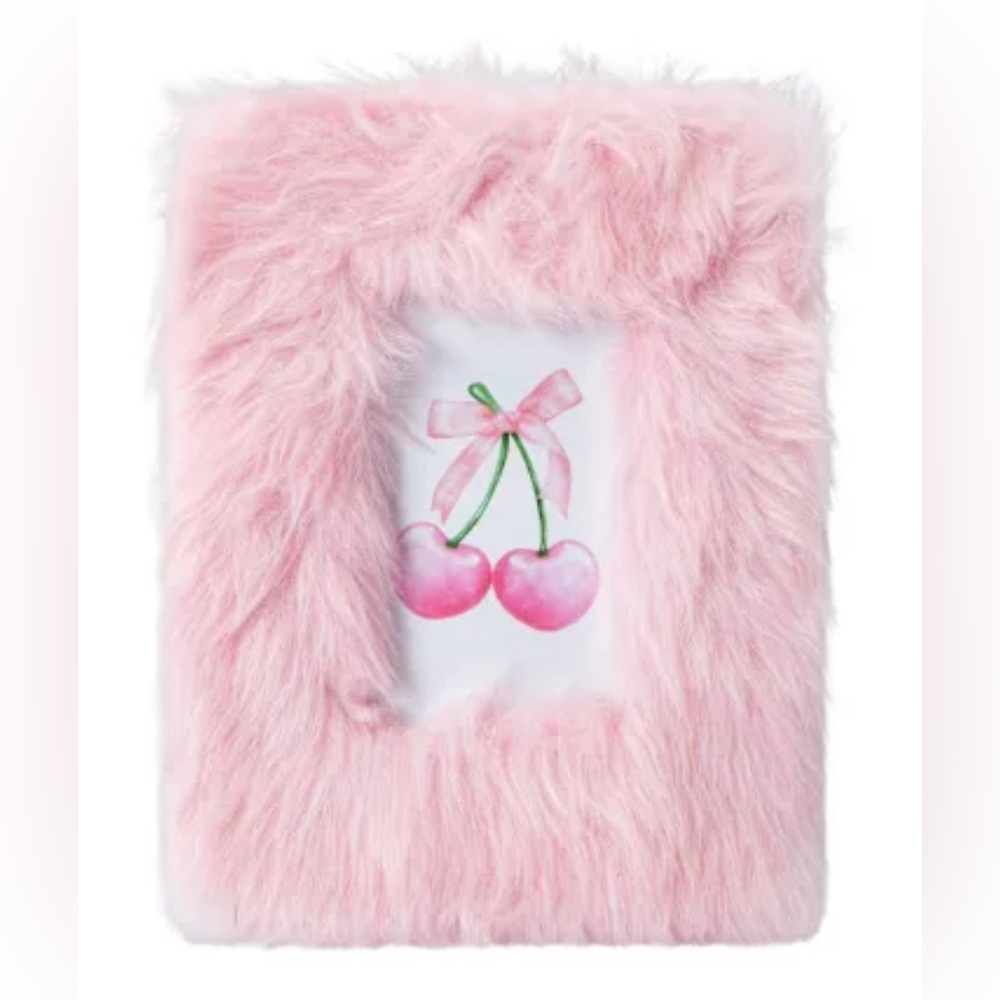 🩷. #4003-44. Furry Pink Picture Frame with Cherry Design